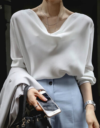 【京东优选】雪纺白衬衫女韩版长袖宽松白色衬衣2019春装新款漏锁骨很