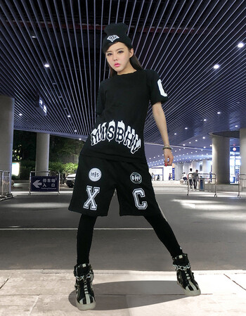 舞服装宽松jazz裤子女街舞服装成人韩版现代舞青春嘻哈套装女 黑色 s