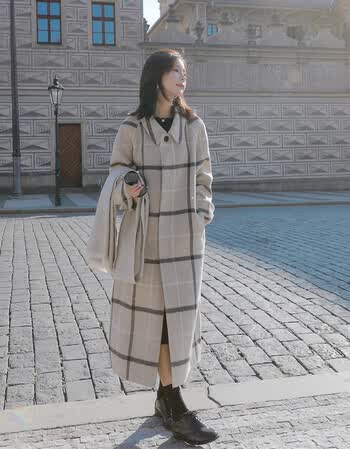(当季新品)女式双面绒半大衣2019秋冬新款 零羊绒羊毛呢中长款格子