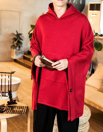 中国风古风男加绒加厚外套大码男风衣中长款连帽斗篷汉服道袍 红色 m