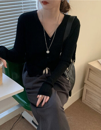 针织衫女春秋薄款休闲外穿长袖上衣秋季韩版外搭温柔v领开衫外套黑色