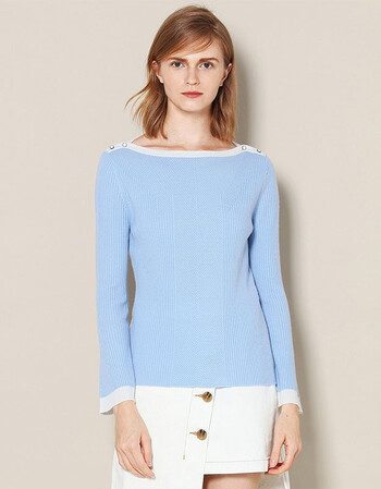 皮皮狗纯山羊绒一字领弹力女套衫毛衣针织羊绒衫浅天蓝502s95