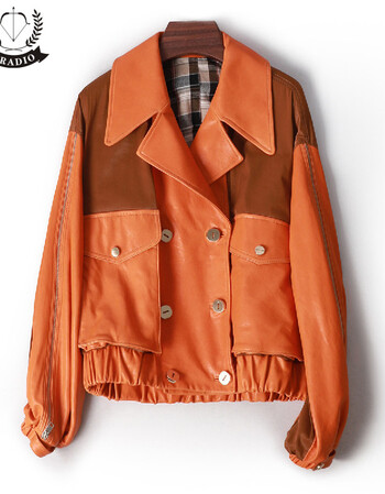 bradio 【进口羊皮】高端时尚女士绵羊皮拼接机车款真皮外套真皮皮衣