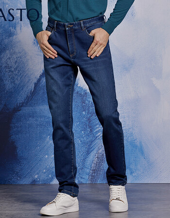 vasto华斯度蓝色水洗牛仔裤休闲长裤直筒中腰裤装深蓝色31