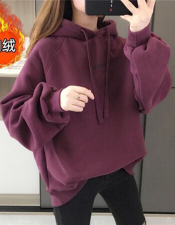 棉料加绒加厚卫衣女连帽2021秋冬新款时尚韩版慵懒宽松带帽外套紫红色