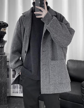 男秋冬季毛呢大衣男呢子外套港风潮流休闲宽松风衣中长款男装深灰色m