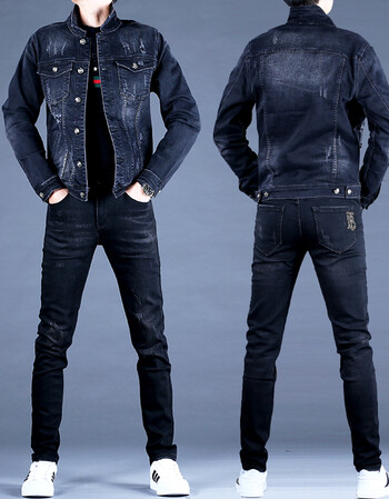 圣彬霸男士黑色牛仔套装男2022秋冬新款潮流裤子休闲修身夹克外套上衣