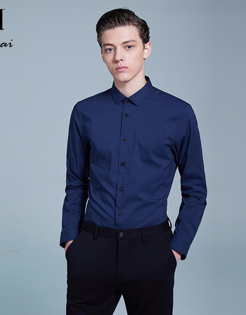 鲁泰luthai纯色弹力衬衫男高纱支商务衬衣深蓝色41