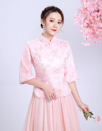 伴娘礼服中式2021新款复古姐妹团长款汉服改良结婚二件套装旗袍女粉领