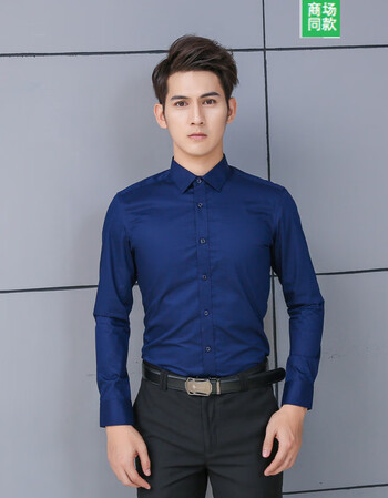 2019 新品 春秋薄款男女深蓝色长袖衬衫修身显瘦平纹衬衣小领职业装