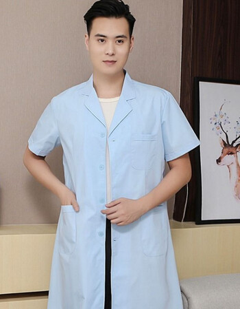 浅蓝色白大褂长袖医生服男夏装实验服足疗店护士服牙医短袖蓝大褂46wr