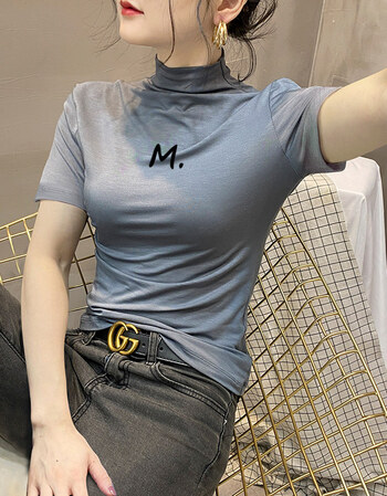 夏天女装高领短袖t血衫2021夏季百搭t恤女洋气修身黑色印花上衣薄款内