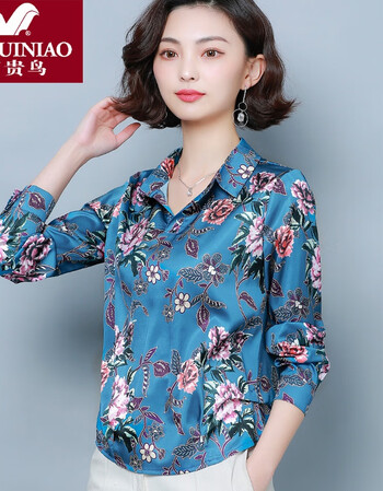 富贵鸟品牌真丝上衣女长袖宽松桑蚕丝衬衫丝绸缎面妈妈秋装新款洋气蓝