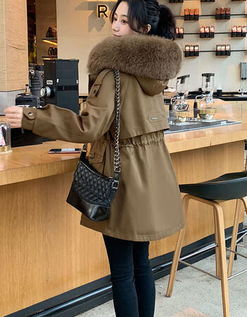 派克服女中长款外套女毛领抽绳显瘦加绒派克服新款冬季咖色3xl建议