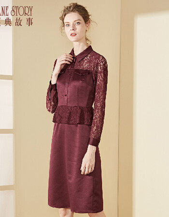 经典故事jane story 女装2019春季新款九分袖修身翻领蕾丝假两件
