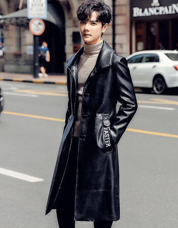 新款加绒长款皮衣男士中长皮风衣韩版帅气外套加长过膝皮大衣986黑色m