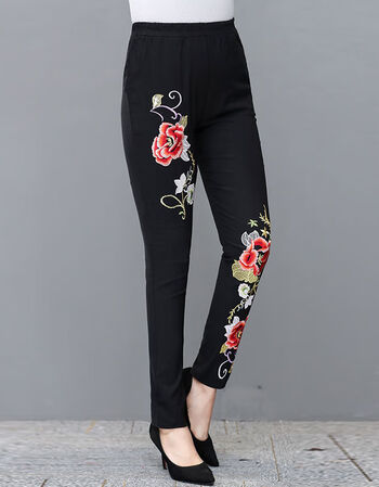 妈妈装民族风绣花裤子女修身外穿弹力裤加打底裤女高腰小脚裤女人味