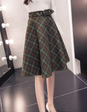 【京东优选】2018秋季新款毛呢大摆伞裙a字裙格子半身裙女a型过膝中长