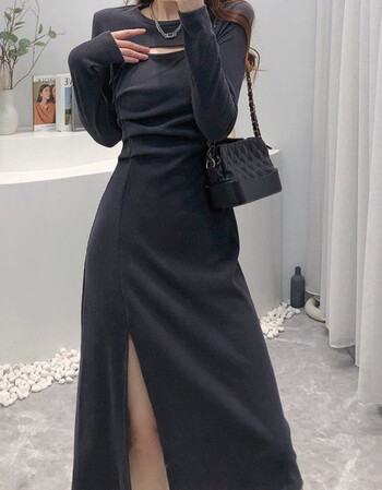 连衣裙女2022春秋新款打底轻熟风收腰性感开叉裙子显瘦包臀中长裙黑色