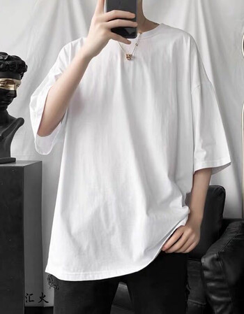 汇火男士大码宽松潮牌青少年学生五分袖男加肥加大短袖t恤男5分袖纯白