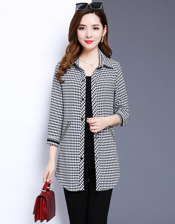 秋季大衫2018新款百搭修身显瘦格子翻领长袖中长款衬衫外套 格纹 xl