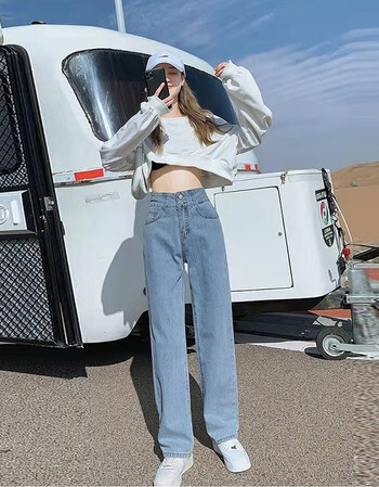 丝克诺依高腰牛仔裤女直筒显瘦春季心机裤子别致设计感2022新款韩版