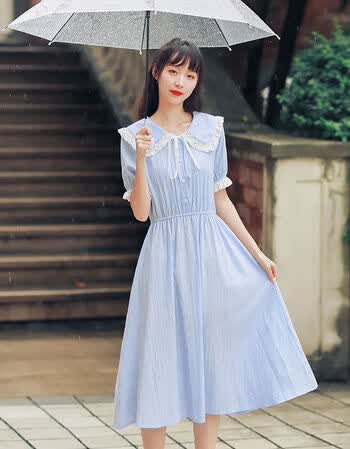 女装连衣裙夏季新款短袖连衣裙女夏森系2021新款学院风甜美小清新中长