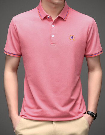 衫男欧货亮片刺绣小方领欧洲站翻领体恤丝光棉短袖恤男粉色m105165