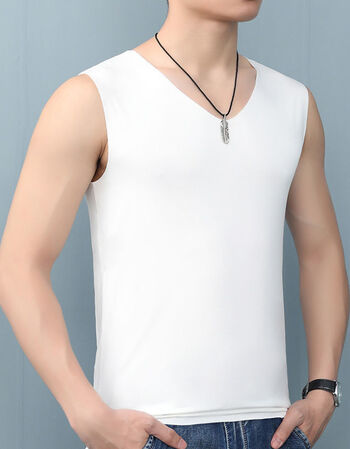 莫代尔v领男士无袖背心夏季无痕冰丝薄款纯色修身百搭男装t恤上衣白色