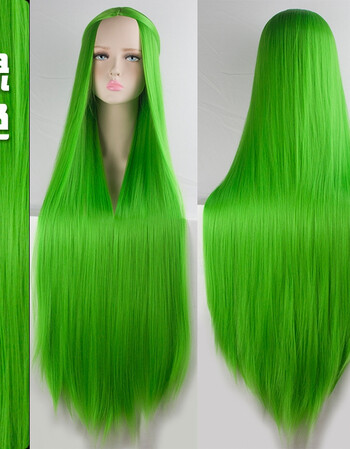万用中分长直假发女100cm黑白蓝绿紫黄彩色动漫假毛 绿色_五件套