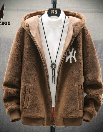 花花公子羊羔绒外套男新款羊羔绒连帽男士外套青少年百搭夹克男上衣