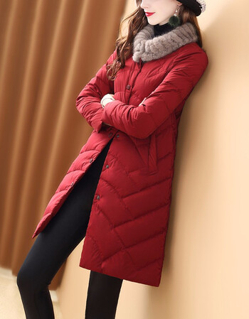 歌珀莱品牌女装白鸭绒羽绒服女2018新款中长款枣红色修身水貂毛领保暖