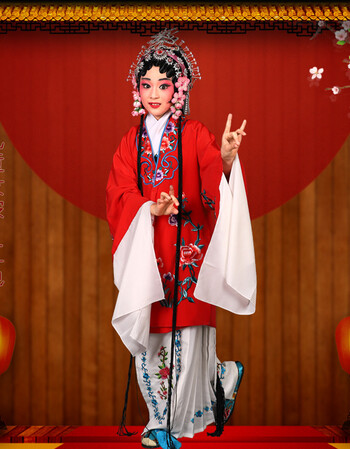 儿童花旦戏服 戏剧京剧黄梅戏服装戏曲青衣花旦小姐衣服女披水袖 红色