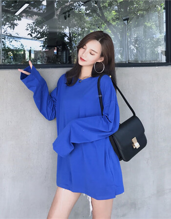 2019早春新款百搭基础宽松马卡龙纯色上衣圆领套头中长款t恤女潮 蓝色