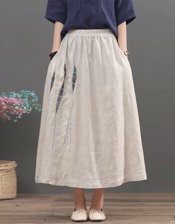亚麻半身裙夏女季2021新款大摆裙松紧腰垂感飘逸棉麻半裙长裙麻本色