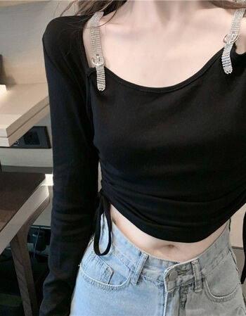 2021春秋季新款性感露锁骨假两件上衣水钻吊带长袖打底衫t恤女潮sn