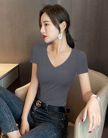 pfph莫代尔v领黑色t恤女短袖新款夏季短袖v领修身打底紧身上衣铁灰色s