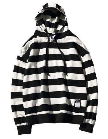 狮丹2018港风情侣春秋款连帽黑白条纹卫衣男宽松韩版间条外套 黑白间