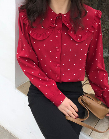 雪纺衫女碎花复古chic娃娃领波点宽松长袖百搭显瘦学生上衣衬衣 红色