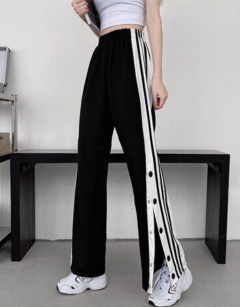 排扣裤女半开侧运动裤加长版高个子178装阔腿裤高腰直筒裤170夏季长裤