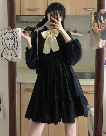 连衣裙女学生韩版小个子春秋新款宽松显瘦百搭a字裙子黑色收藏店铺送