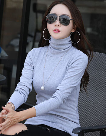 莫代尔高领秋衣女外穿春秋时尚修身显瘦内穿圆领上衣打底衫女qj灰色高