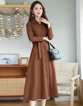 恒源祥2021秋季新款气质棉麻裙长袖连衣裙装长款收腰显瘦大摆长裙a款