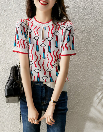 touchmiss塔驰密司女装夏季新款时尚印花拼接圆领针织衫女短袖宽松