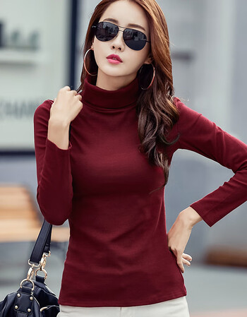 优选】2018秋季新款女装高领体恤打底衫修身韩版恤女长袖衣服 酒红色
