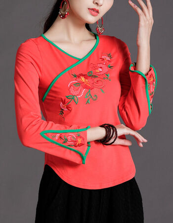 纯棉民族风长袖上衣大码绣花t恤秋季新款中国风刺绣女装打底衫红色xl