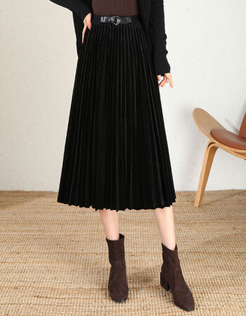 垂感金丝绒百褶裙女中长款高腰a字裙子2021秋冬新款大摆裙黑色均码