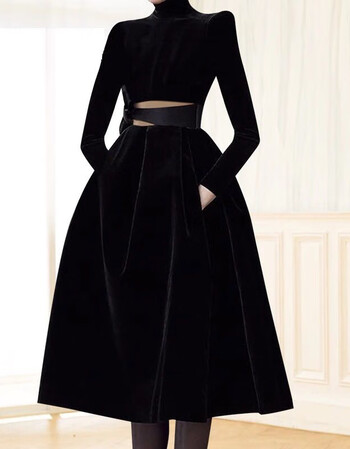 女新款中长款生日宴会礼服裙丝绒赫本小黑裙蓬蓬裙显瘦连衣裙 黑色 s