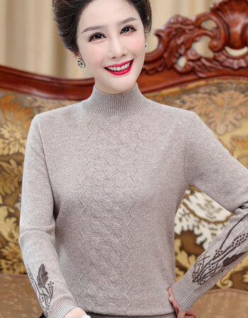 贵夫人纯山羊绒衫女妈妈秋冬加厚l半高领中老年洋气打底毛衣驼色m