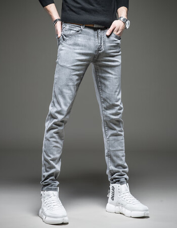 65潮牌boy春秋季浅灰色牛仔裤男直筒修身欧美风男士长裤大码高弹力